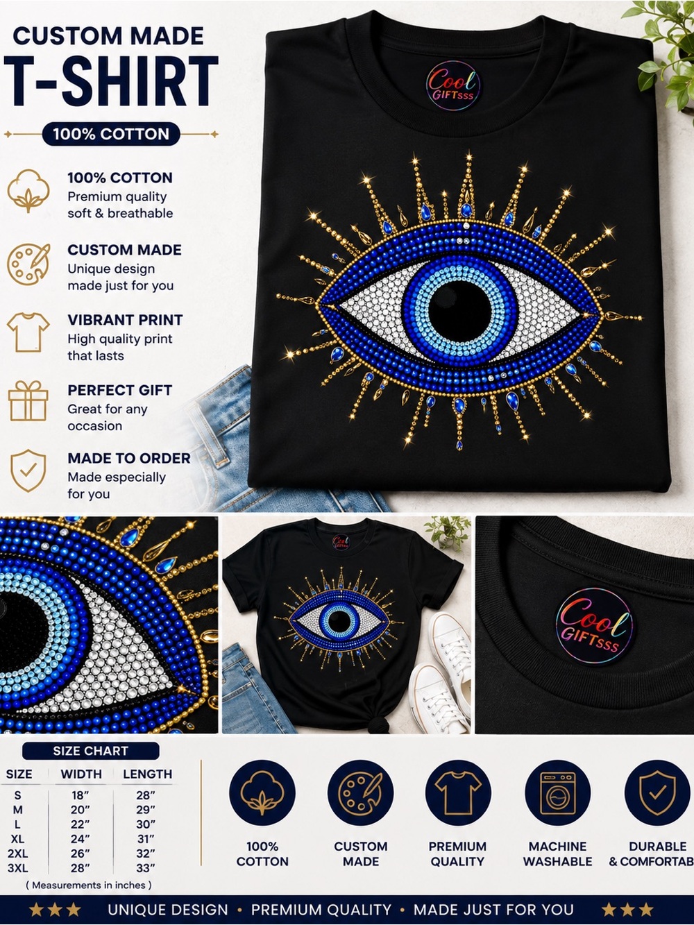 Evil Eye Graphic graphic tee S M L CL new custom designed faux rhinestones